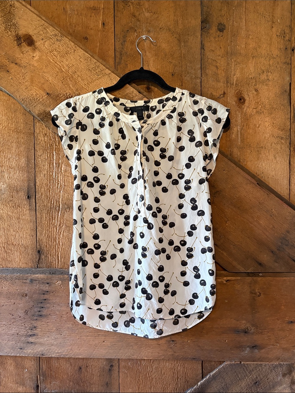 J.‎ Crew Cream Blouse with Black Cherry Motif